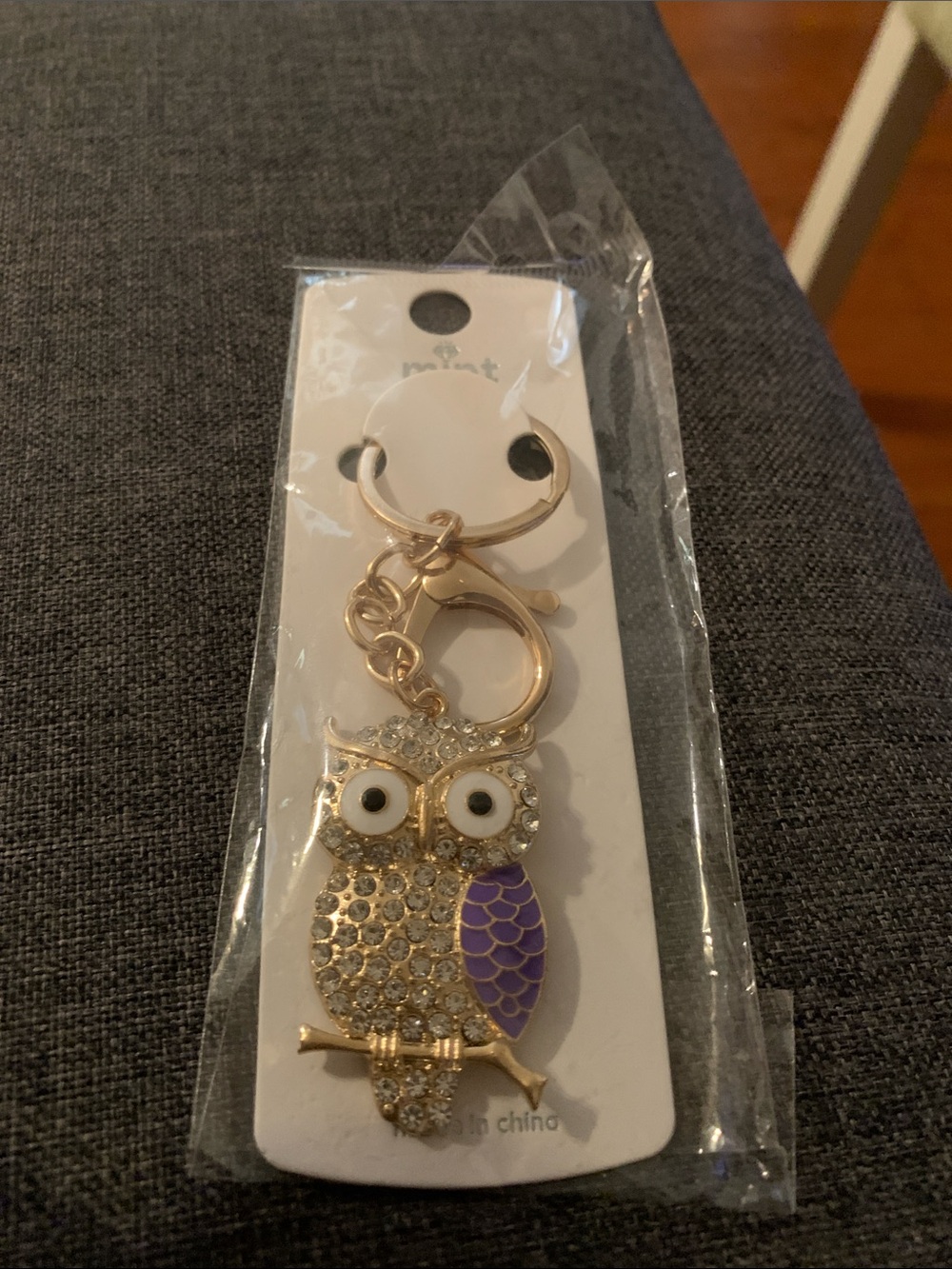 Gold Owl Key & Card Holder Charm with Purple Wing
